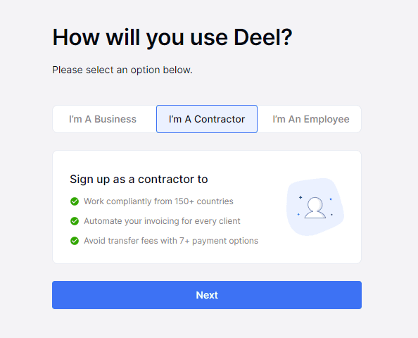 Choose your account type in Deel