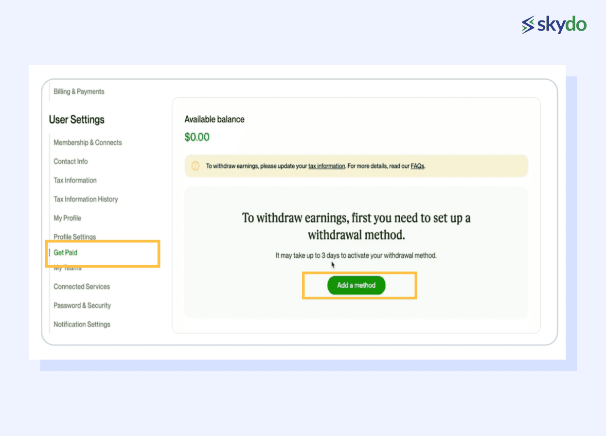 Get Paid" tab and click "Add a method
