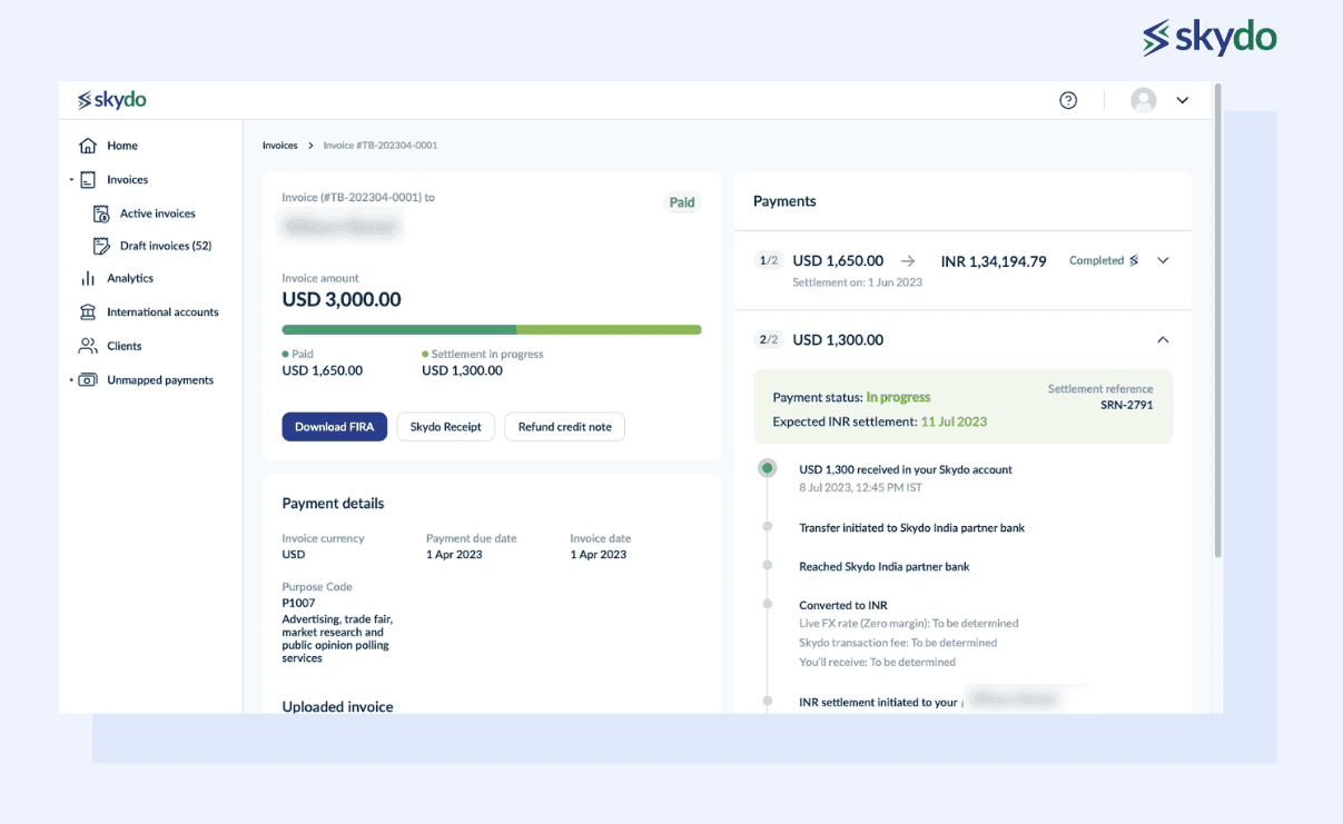 Skydo payment receipts generated