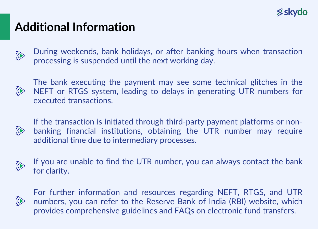 Additional Information on UTR number in NEFT or RTGS transactions