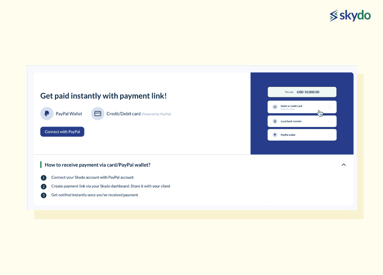 Connect your PayPal account with Skydo