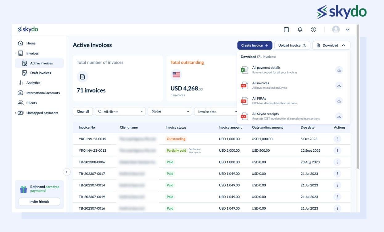 Download FIRA, Invoices, Skydo Receipts, Payment Details