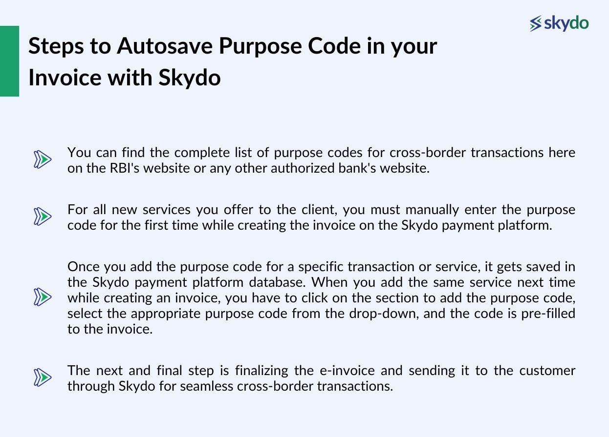 Steps to Autosave Purpose Code in your invoice with Skydo