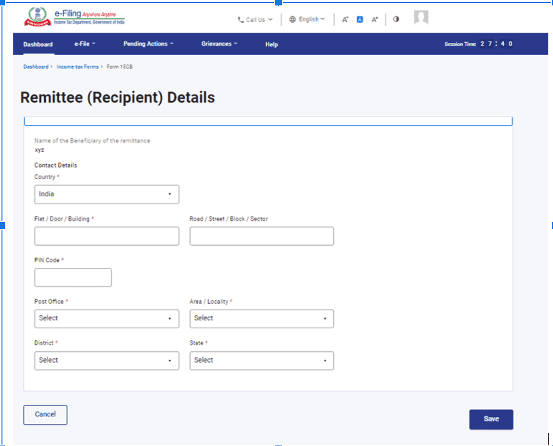 Filling Form 15 CA CB filling screenshot